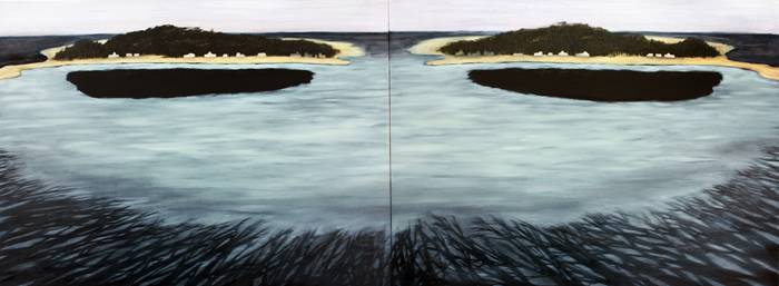 Rebecca Suss. East Egg / West Egg (diptych). 36 x 96 inches. oil on panel. 2009