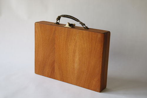 TREVOR BABB. Briefcase, 2007.  Mahogany, brass, leather, glass, rubber, cork, mixed contents.  26
