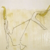 Emily Anne Driscoll. Trunk Drawing I (Jump), 2005. wax, pencil, carbon, animal glue with whiting, yellow architect\'s paper, string, tape on paper.  14 x 17.5 inches. Collection of Robert & Susan Wislow.