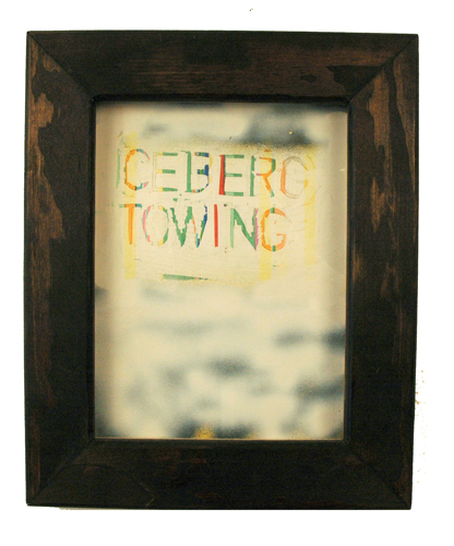 High Tide Artifacts (Iceberg Towing). 2009. marker, whiteout, and spray paint on paper in artist\'s frame. 13.5 x 11 inches.