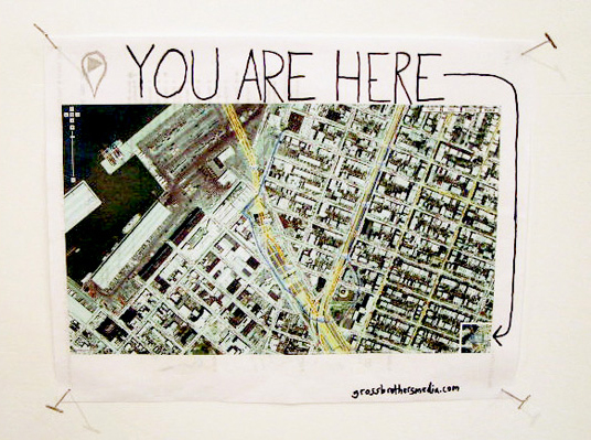 Barry Gross. You Are Here. Marker and printed Google map, destination: WORK.