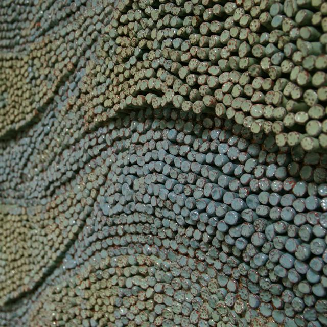 Brigitte Bouquet. Watching Waves, 2009. ceramic, hessian, wood. 120\" diameter.