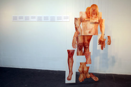 Meleko Mokgosi. The Ruse of Transparency II, 2009. oil on PMMA, text on foamcore. dimensions variable.
